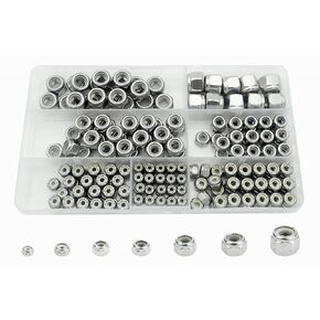Elantek #4-40#6-32#8-32#10-24 1/4-20 5/16-18 3/8-16 UNC 304-Stainless Steel Nylon Insert Hex Lock Nuts Assortment Kit,7-Kinds SAE Self-Locking Nylon Insert Hex Lock Nuts