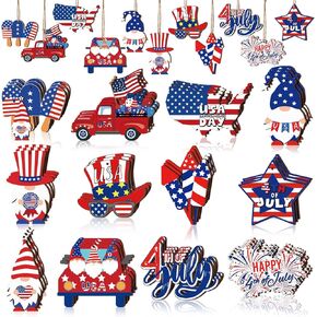 36 Pieces 4th of July Ornaments for Tree Independence Day Wooden Gnome Hanging Decor Red White Blue Wooden Decor Memorial Day Leprechaun Cutouts Pendant for Independence Day Party Home Supplies