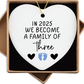 First Time Dad Mom Gifts in 2025 We Become a Family of Three Ornament Keepsake Sign Heart Plaque New Parents Gifts for Couples Baby Announcements Ideas Gender Reveal Gifts Blue