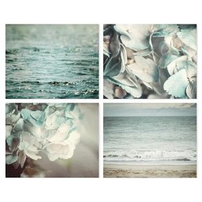 Pastel Blue Coastal and Floral Wall Art Set of 4 SMALL 5x7" Unframed Prints - Beach and Flower Photographs for Shabby Chic Bathroom, Bedroom, Nursery or Office Decor