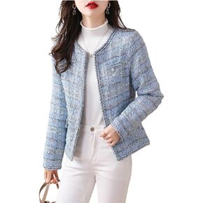 chouyatou Women's Elegant Open Front Tweed Jacket Slim Collarless Bussiness Casual Blazer Jacket