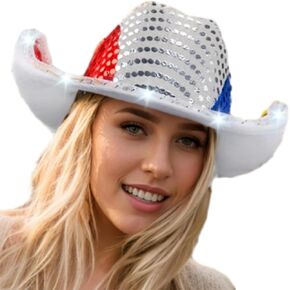 UTOWO LED Light-Up Cowboy Hat for Women Men - Patriotic Sequin Bling American Flag Design for 4th of July Independence Day