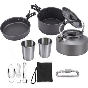 XhuangTech 10PCS Camping Cookware Mess Kit,Camping Pot and Pan Set with Kettle,Lightweight Portable Camping Cooking Set for Hiking,Backpacking,Outdoor and Picnic