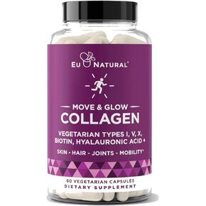 Move & Glow Collagen Pills for Women & Men – Vegetarian Multi-Collagen (Type I-V-X) with 9 Plant-based Superfoods for Skin Health & Joint Support – Biotin, Vitamin C, Vitamin E, 60 Vegetarian Capsules