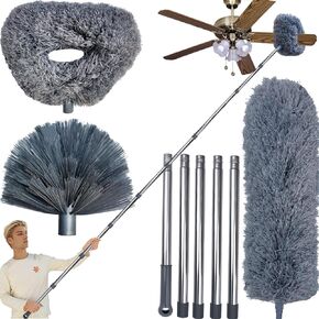 3 Pack 20+ Feet High Reach Grey Microfiber Feather Duster with 3-14 ft Spliceable Pole Cobweb Duster for Cleaning Fan, Spider Web, High Ceiling, Blinds, Furniture Cleaning Tool Kit