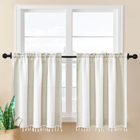 Home Queen Farmhouse Kitchen Curtains 45 Inch Length for Small Bedroom Light Filtering Tassel Linen Cafe Tiers Boho Casual Semi Sheer Short Half Window Curtain for Bathroom 26W x 45L, Blue Gray