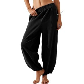 Himosyber Women Cotton Pants Wide Leg Pants Casual Loose Drawstring Low Waist Beach Palazzo Harem Pants