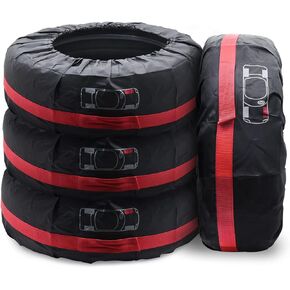 Geloo Car Tire Cover, Spare Tire Cover, Seasonal Tire Totes, Portable Wheel Bags, Winter Tire Cover, Set of 4 Storage Tote Bags with Handle Fit for 13" to 18" Tyres (Diameter 66cm)-Black/Red