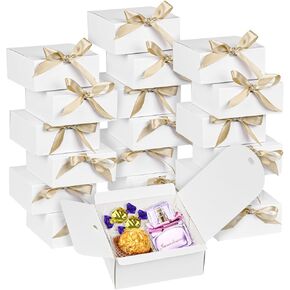 Xylitic 10 Pcs White Gift Boxes with Lids, 4.5x4.5x2 Present Box, Square Boxes with Ribbon, Paper Gift Boxes for Presents, Wedding, Birthday, Party, Baby Shower, Chocolate, Candy, Snacks