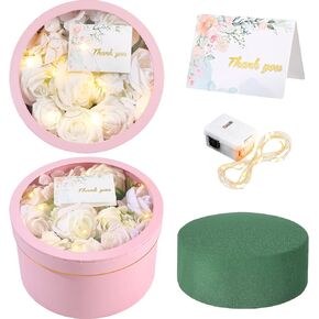 Nuenen 4 Pcs Valentine's Day Round Gift Boxes with Lids LED Lights Floral Foam Thank You Floral Greeting Cards Flower Arrangements Supplies for Birthday Wedding Bridesmaid Proposal(Black)