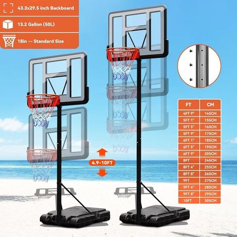 Tymyp Basketball Goal, 4.9-10ft Basketball Portable Hoops & Goals, 44IN Basketball Platform Arrangement with Shatterproof Posterior, Rolling Base for Adults and Teenagers in Saudi Arabia