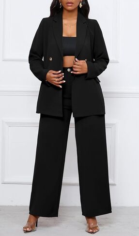 Women's Two Piece Outfits Casual Blazer Jacket Wide Leg Work Pants Business Suit Sets with Pocket in Kuwait