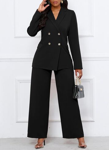 Women's Two Piece Outfits Casual Blazer Jacket Wide Leg Work Pants Business Suit Sets with Pocket in Kuwait