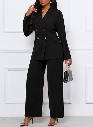 Women's Two Piece Outfits Casual Blazer Jacket Wide Leg Work Pants Business Suit Sets with Pocket in Kuwait