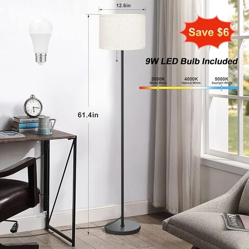Ambimall Floor Lamp for Bedroom with 3 Color Temperature Bulb with Pull Chain Switch, Modern Floor Lamp with Beige Lampshade for Living Room, Office, Kids Room, Study Room in Saudi Arabia