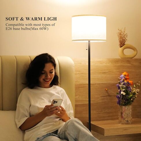 Ambimall Floor Lamp for Bedroom with 3 Color Temperature Bulb with Pull Chain Switch, Modern Floor Lamp with Beige Lampshade for Living Room, Office, Kids Room, Study Room in Saudi Arabia