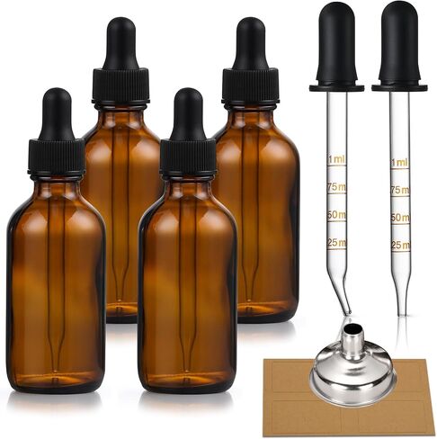 Set of 4, 1 oz Eye Dropper Bottles with 2 Extra 1mL Calibrated Glass Droppers & 1 Funnels & 4 Labels, 30ml Thick Dark Amber Glass Tincture Bottles, Leakproof Essential Oils Bottle for Storage & Travel in Saudi Arabia