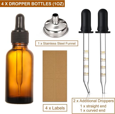 Set of 4, 1 oz Eye Dropper Bottles with 2 Extra 1mL Calibrated Glass Droppers & 1 Funnels & 4 Labels, 30ml Thick Dark Amber Glass Tincture Bottles, Leakproof Essential Oils Bottle for Storage & Travel in Saudi Arabia