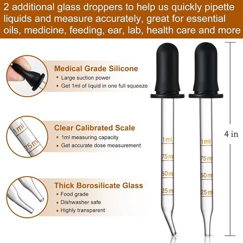 Set of 4, 1 oz Eye Dropper Bottles with 2 Extra 1mL Calibrated Glass Droppers & 1 Funnels & 4 Labels, 30ml Thick Dark Amber Glass Tincture Bottles, Leakproof Essential Oils Bottle for Storage & Travel in Saudi Arabia