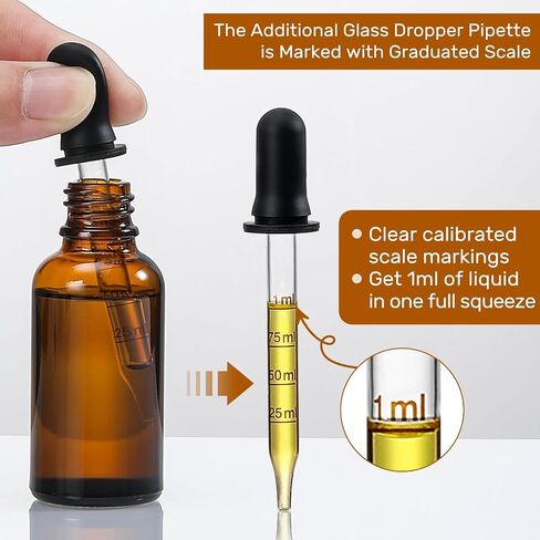 Set of 4, 1 oz Eye Dropper Bottles with 2 Extra 1mL Calibrated Glass Droppers & 1 Funnels & 4 Labels, 30ml Thick Dark Amber Glass Tincture Bottles, Leakproof Essential Oils Bottle for Storage & Travel in Saudi Arabia