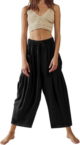 YIAFDERY Women's Loose Wide Leg Pants Casual Comfy Palazzo Harem Pants Trousers with Dropped Side Pockets in Saudi Arabia