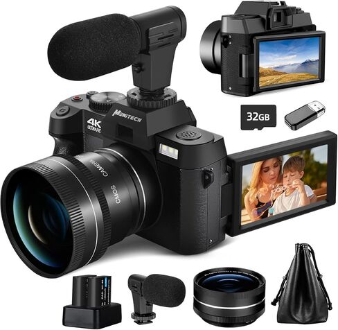 كاميرا Monitech الرقمية للتصوير الفوتوغرافي والفيديو، كاميرا تسجيل فيديو بدقة 4K بدقة 48 ميجابكسل لليوتيوب مع شاشة قلاب 180 درجة، تكبير رقمي 16X، زاوية واسعة 52 مم وعدسة ماكرو، بطاريتان، بطاقة TF سعة 32 جيجابايت، S100 أسود in Kuwait