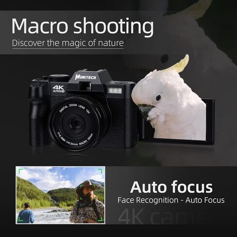 كاميرا Monitech الرقمية للتصوير الفوتوغرافي والفيديو، كاميرا تسجيل فيديو بدقة 4K بدقة 48 ميجابكسل لليوتيوب مع شاشة قلاب 180 درجة، تكبير رقمي 16X، زاوية واسعة 52 مم وعدسة ماكرو، بطاريتان، بطاقة TF سعة 32 جيجابايت، S100 أسود in Kuwait