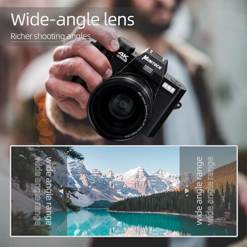 كاميرا Monitech الرقمية للتصوير الفوتوغرافي والفيديو، كاميرا تسجيل فيديو بدقة 4K بدقة 48 ميجابكسل لليوتيوب مع شاشة قلاب 180 درجة، تكبير رقمي 16X، زاوية واسعة 52 مم وعدسة ماكرو، بطاريتان، بطاقة TF سعة 32 جيجابايت، S100 أسود in Kuwait