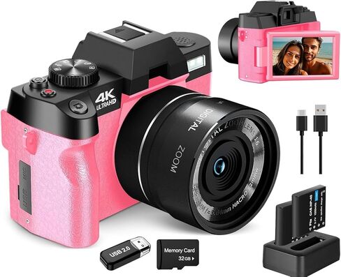 كاميرات رقمية ATPLOES 4K للتصوير الفوتوغرافي، وكاميرا فيديو/مدونات فيديو لليوتيوب مع التحكم في WiFi والتطبيقات، وكاميرا سفر مع بطاقة TF سعة 32 جيجابايت وبطاريتين، وكاميرا مدمجة، واختيار هدية رائعة، وردي in Kuwait