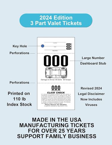 3 Part Valet Parking Tickets, (2,000 Tickets) Valet Tags, 110lb Card Stock White, Car Diagram on Front … in Saudi Arabia