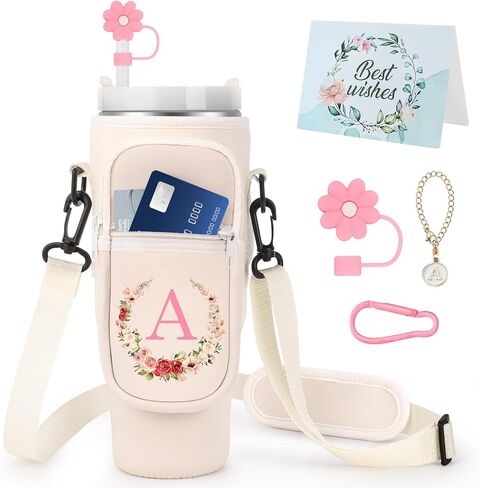 Water Bottle Carrier Bag for Stanley Cup 40 oz Tumbler with Handle, Straw Cover and Letter Charms for Stanley Cup Accessories, Personlized Initial A-Z, Best Gifts for Women Mom Sister Wife Daughter in Saudi Arabia