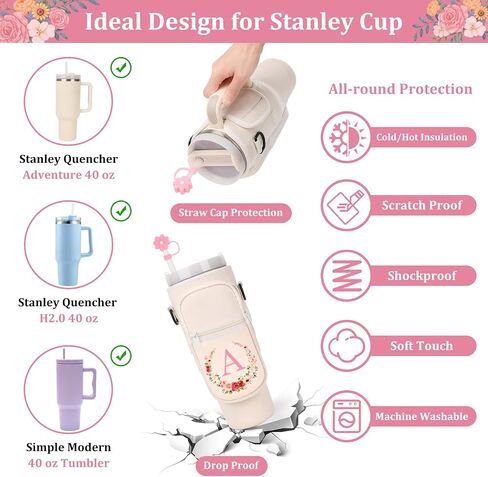 Water Bottle Carrier Bag for Stanley Cup 40 oz Tumbler with Handle, Straw Cover and Letter Charms for Stanley Cup Accessories, Personlized Initial A-Z, Best Gifts for Women Mom Sister Wife Daughter in Saudi Arabia