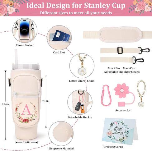 Water Bottle Carrier Bag for Stanley Cup 40 oz Tumbler with Handle, Straw Cover and Letter Charms for Stanley Cup Accessories, Personlized Initial A-Z, Best Gifts for Women Mom Sister Wife Daughter in Saudi Arabia