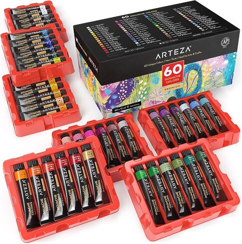 ARTEZA Gouache Paint Set, 60 Color 0.4 fl oz Tubes and 12 Color Pastel Tones 0.4 fl oz Tubes, Opaque Water-Based Paint for Canvas and Paper in Saudi Arabia