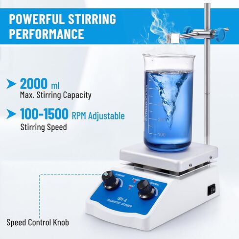 خلاط صفيحة تسخين مغناطيسية من eLabPal، محرك صفيحة تسخين مغناطيسية بسعة 2000 مل، لوح تسخين 270 درجة مئوية/520 درجة فهرنهايت و100-1500 دورة في الدقيقة مع شريط تحريك وصمام in Kuwait