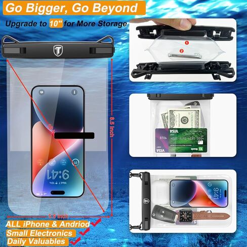 Takfox Extra Large Waterproof Phone Pouch Bag Case for Samsung Galaxy S24 Ultra S23 Plus S22 Note 20 A03S A15 A14 A13 iPhone 15 14 Pro Max, [Up to 10"] [2-Pack] IPX8 Vacation Cellphone Dry Bag-Black in Saudi Arabia