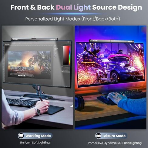 إضاءة خلفية من Quntis Monitor Light RGB، مصباح مكتبي للألعاب مزود بإضاءة مزدوجة للعناية بالعين، 15 وضعًا للإضاءة الخلفية الخافتة، سطوع قابل للتعديل لدرجات حرارة 3 ألوان، شريط إضاءة للشاشة Ra95 in Saudi Arabia