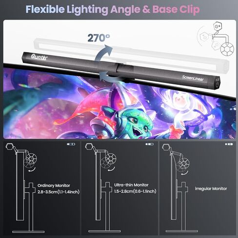 إضاءة خلفية من Quntis Monitor Light RGB، مصباح مكتبي للألعاب مزود بإضاءة مزدوجة للعناية بالعين، 15 وضعًا للإضاءة الخلفية الخافتة، سطوع قابل للتعديل لدرجات حرارة 3 ألوان، شريط إضاءة للشاشة Ra95 in Saudi Arabia