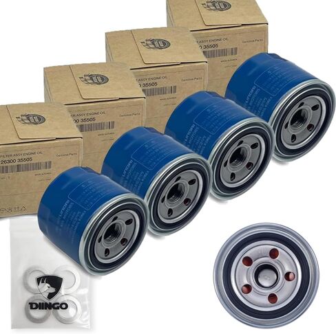 فلتر زيت محرك هيونداي الأصلي OEM 26300-35505 (إصدار جديد) + حشية سدادة التصريف DIINGO 26300-35505 بديلة لسيارة Hyundai Elantra Santa Fe Sonata Accent Kona جميع الموديلات تقريبًا وكيا (4 أزواج) in Kuwait