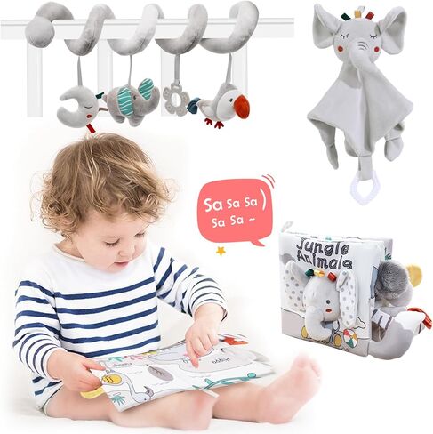 Blublu Park 3 Pcs Car Seat Toys, High Contrast Baby Toys Montessori Tummy Time Toys for Babies 0 3 6 9 12 Months, Sensory Soft Book Toys for Babies Girls Boys Baby Essentials (Elephant) in Saudi Arabia
