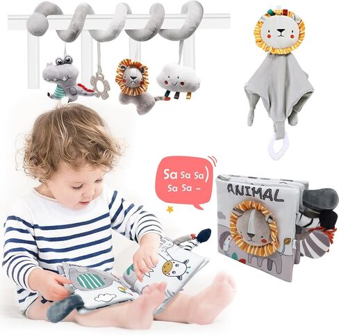 Blublu Park 3 Pcs Car Seat Toys, High Contrast Baby Toys Montessori Tummy Time Toys for Babies 0 3 6 9 12 Months, Sensory Soft Book Toys for Babies Girls Boys Baby Essentials (Elephant) in Saudi Arabia