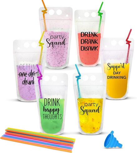 UTILE Clear 100 PCS Drink Pouches 17 oz for Adults with Text and Individually Wrapped Straws, Reclosable Zipper Smoothie Juice pouches – Hand Held Translucent Bag Funnel Included in Saudi Arabia