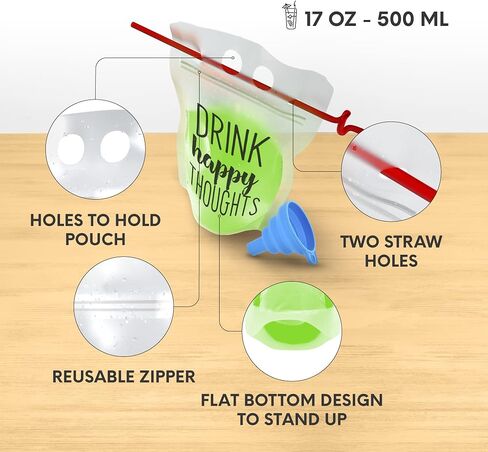 UTILE Clear 100 PCS Drink Pouches 17 oz for Adults with Text and Individually Wrapped Straws, Reclosable Zipper Smoothie Juice pouches – Hand Held Translucent Bag Funnel Included in Saudi Arabia