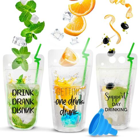 UTILE Clear 100 PCS Drink Pouches 17 oz for Adults with Text and Individually Wrapped Straws, Reclosable Zipper Smoothie Juice pouches – Hand Held Translucent Bag Funnel Included in Saudi Arabia