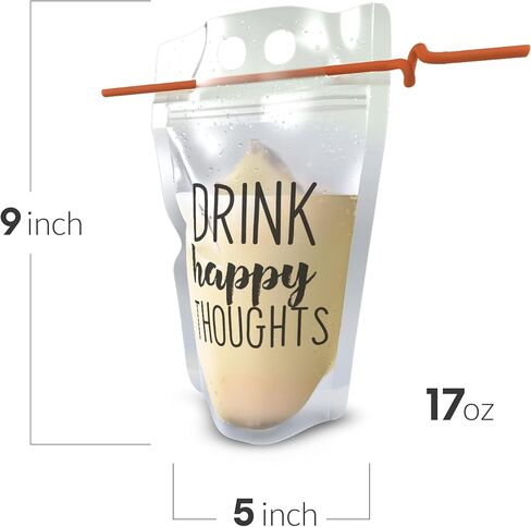 UTILE Clear 100 PCS Drink Pouches 17 oz for Adults with Text and Individually Wrapped Straws, Reclosable Zipper Smoothie Juice pouches – Hand Held Translucent Bag Funnel Included in Saudi Arabia