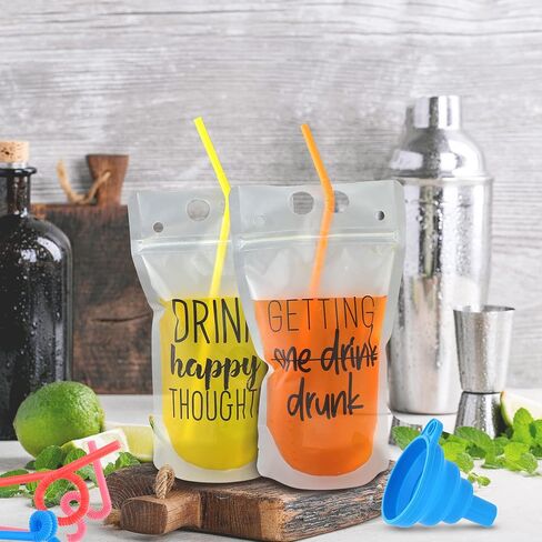 UTILE Clear 100 PCS Drink Pouches 17 oz for Adults with Text and Individually Wrapped Straws, Reclosable Zipper Smoothie Juice pouches – Hand Held Translucent Bag Funnel Included in Saudi Arabia