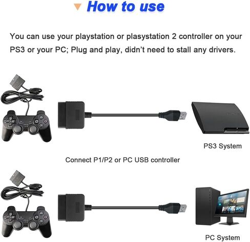 DKARDU لوحدة تحكم PS2 إلى كابل محول محول USB، لبلاي ستيشن 2/3 أنثى التوصيل إلى USB 2.0 ذكر محول محول سلك لPS1/لوحدة تحكم PS2 لوحة ألعاب لوحدة تحكم PS3/الكمبيوتر (2 قطعة) in Saudi Arabia
