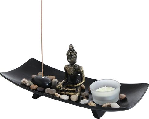 MyGift Zen Meditation Rock Garden Table Kit with Wood Tray, Buddha Statue, Rocks, Glass Tealight Candle and Incense Burner Holder in Saudi Arabia