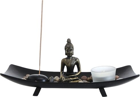 MyGift Zen Meditation Rock Garden Table Kit with Wood Tray, Buddha Statue, Rocks, Glass Tealight Candle and Incense Burner Holder in Saudi Arabia