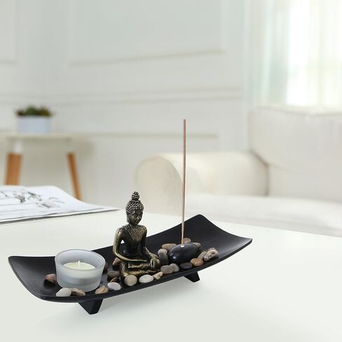 MyGift Zen Meditation Rock Garden Table Kit with Wood Tray, Buddha Statue, Rocks, Glass Tealight Candle and Incense Burner Holder in Saudi Arabia